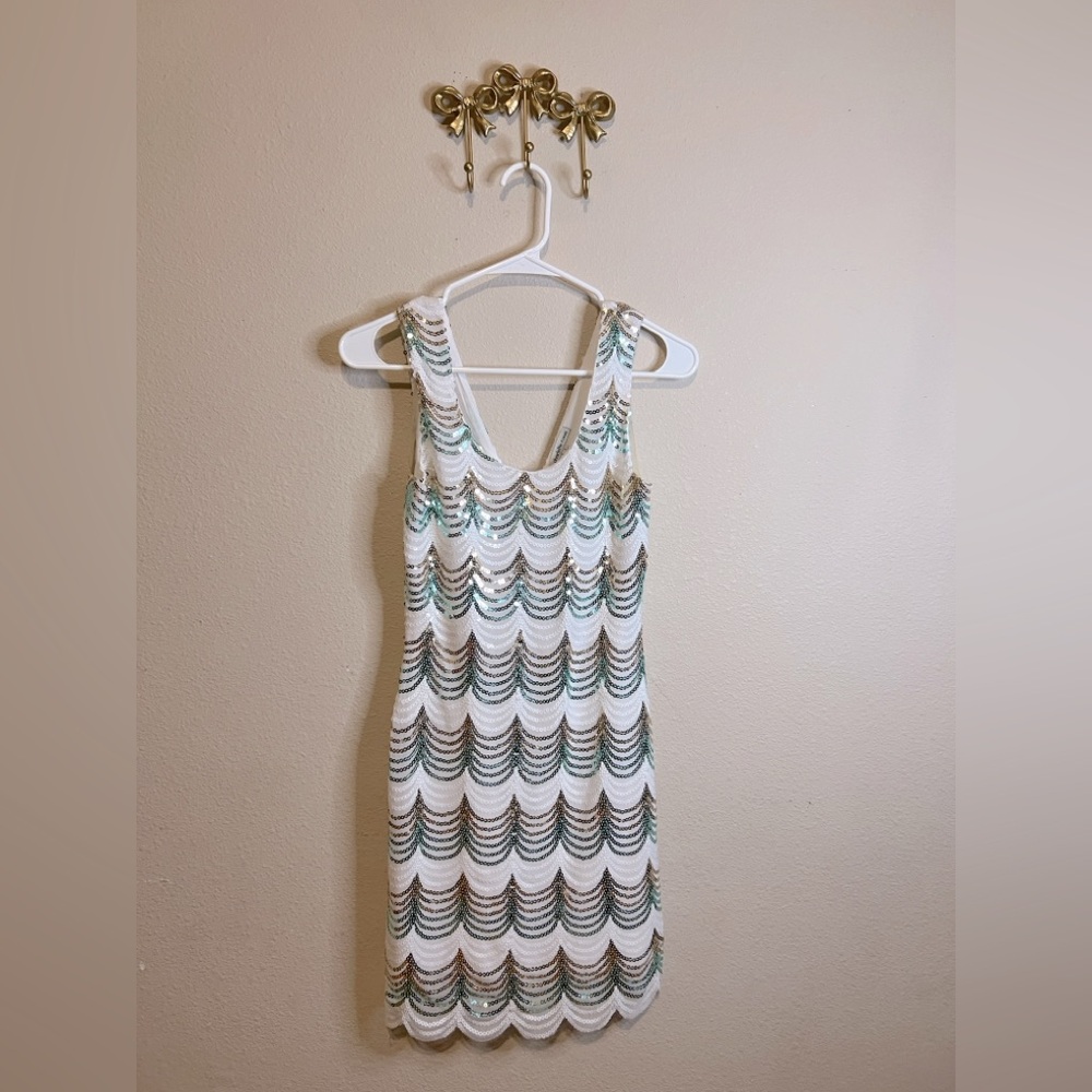 Charlotte Russe White Dress with Green and Gold Sequin Waves